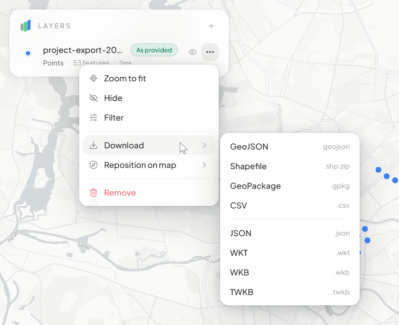 Export formats: GeoJSON, Shapefile, GeoPackage, CSV, and more