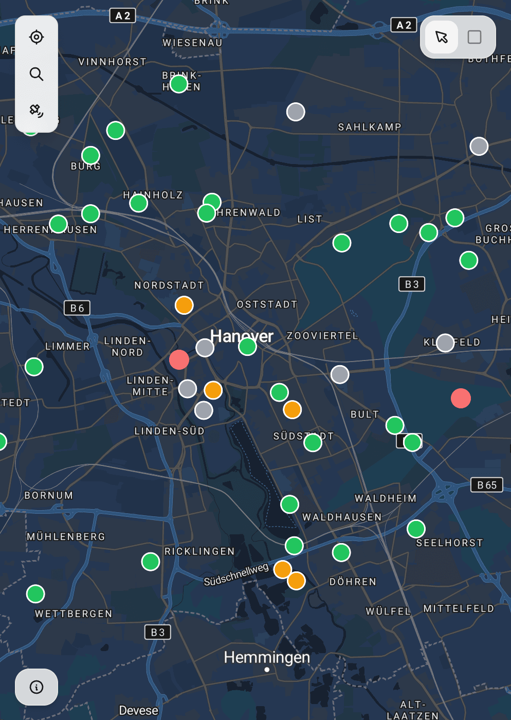 Geocadra field inspection software showing interactive map with multiple data layers, GPS markers, and spatial features for field data collection