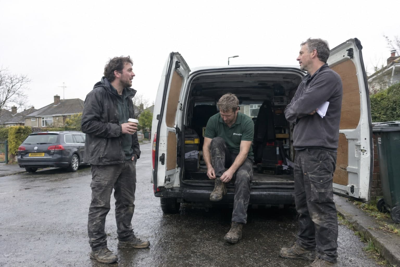 The Geocadra founders at the back of their van on a wet morning: one lacing a boot on the sill, two talking beside the open doors