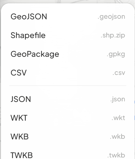 The download menu of the free GIS viewer listing the export formats
