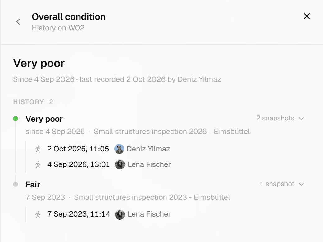 Every inspection stays on the record, with who and when.