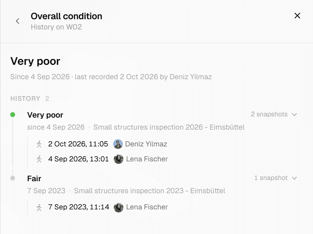 Every inspection stays on the record, with who and when.