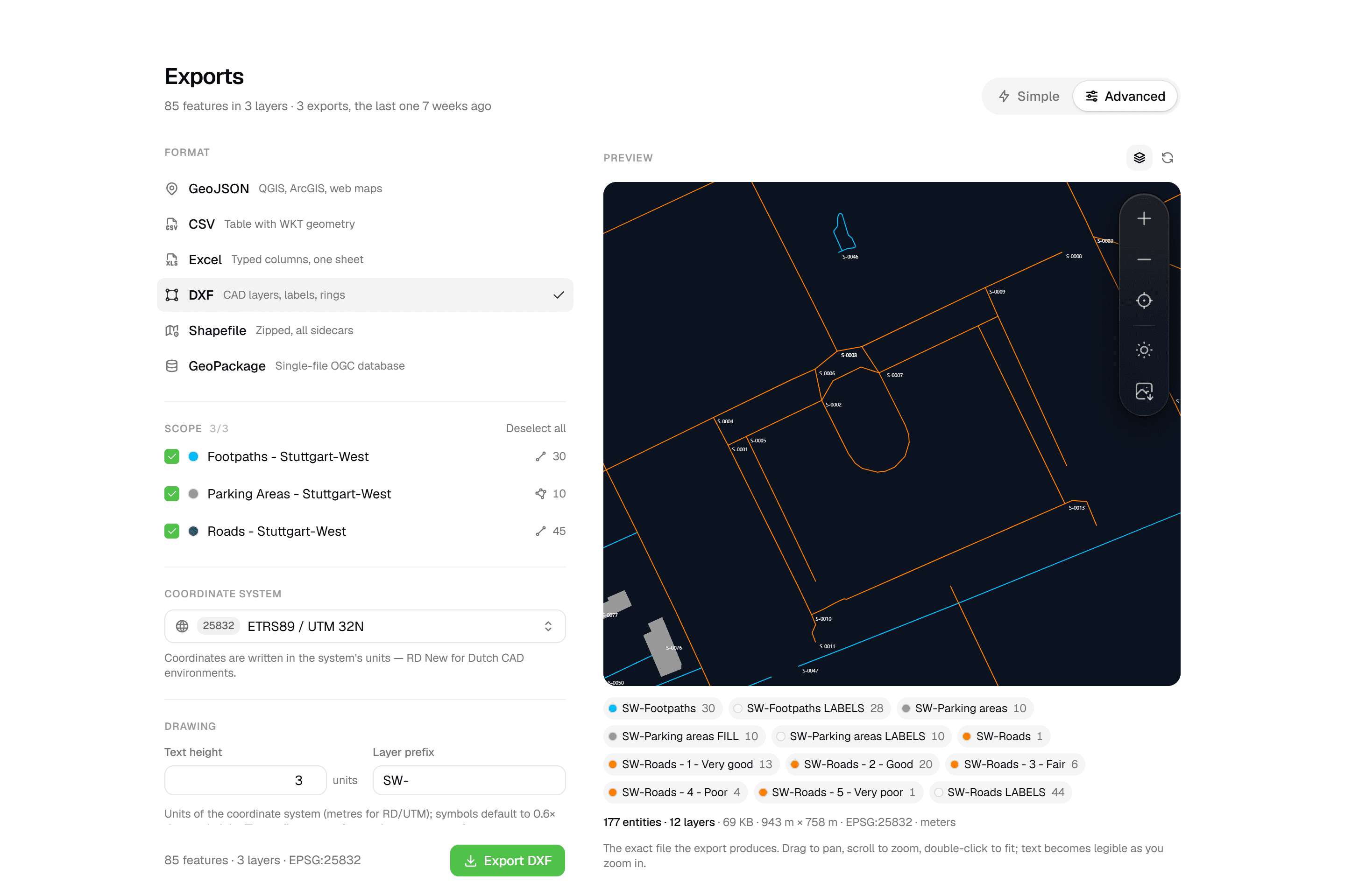 Geocadra DXF export: a layered CAD drawing previewed in the browser before download